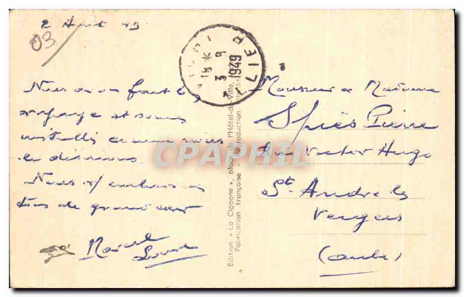 CPA Vichy Le Casino cote du Theatre — Verso