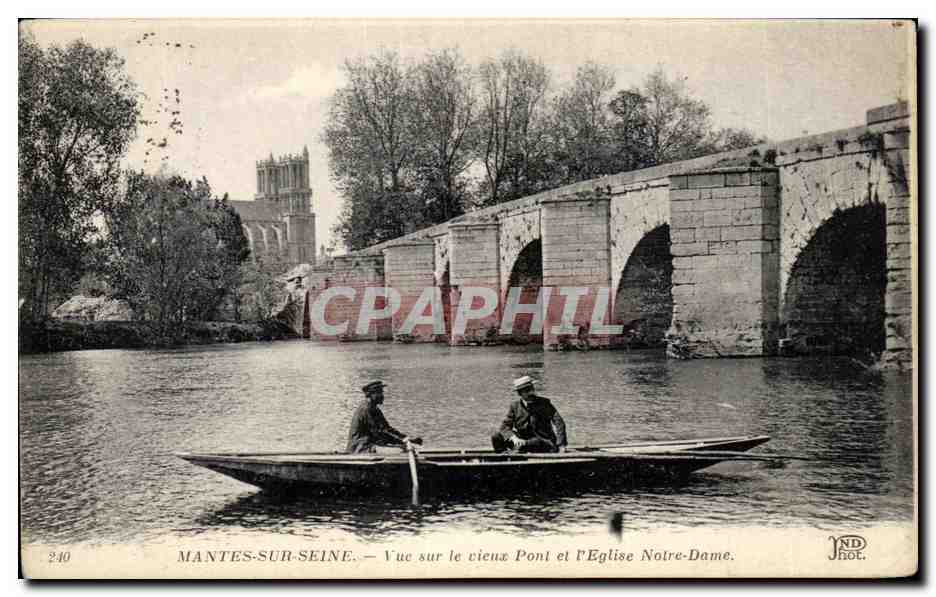 Mantes-sur-Seine — Vue sur le vieux Pont et l'Église Notre-Dame — IND. Phot.