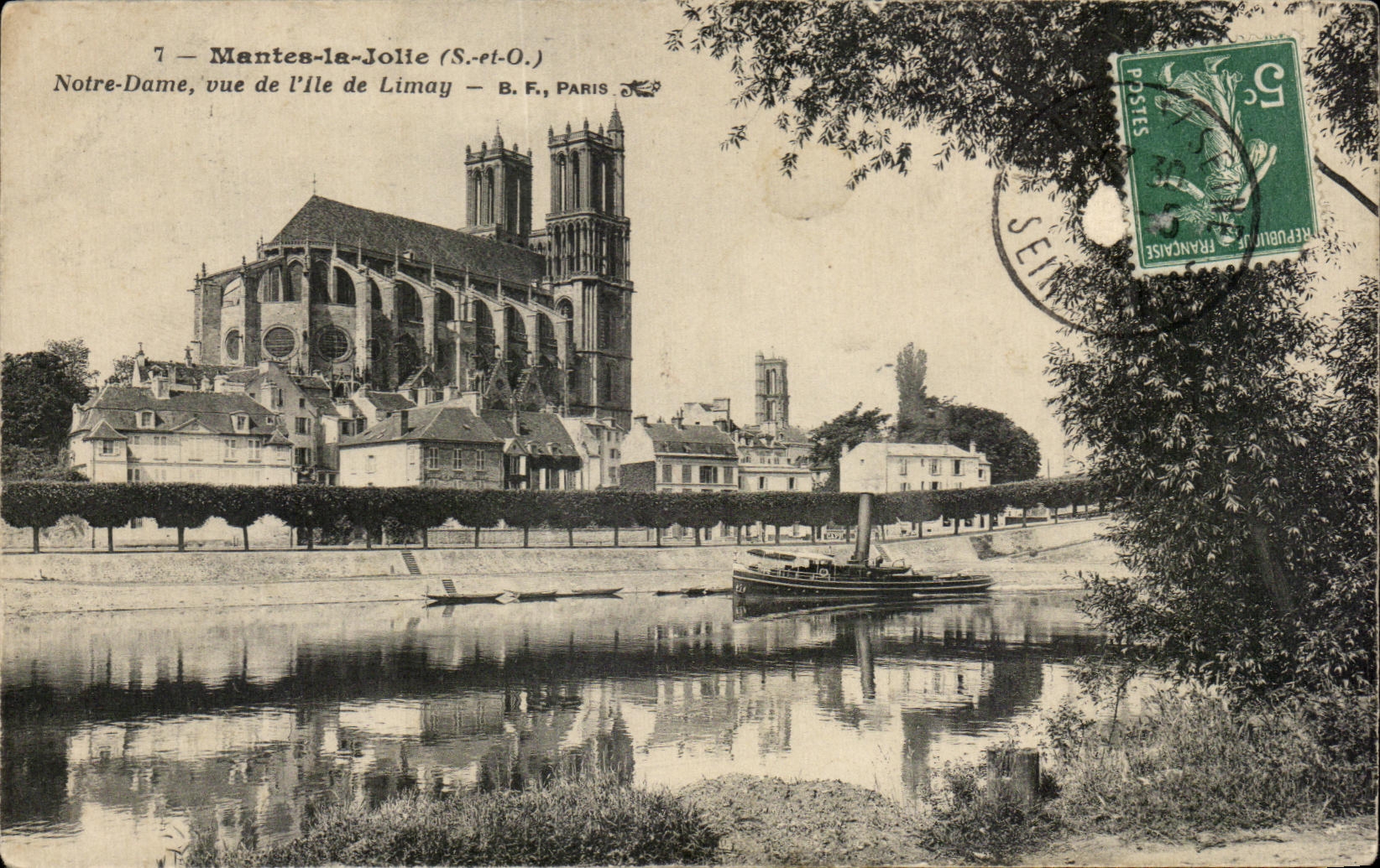 Mantes-la-Jolie (S.-et-O.) — Notre-Dame, vue de l'île de Limay — B. F., Paris