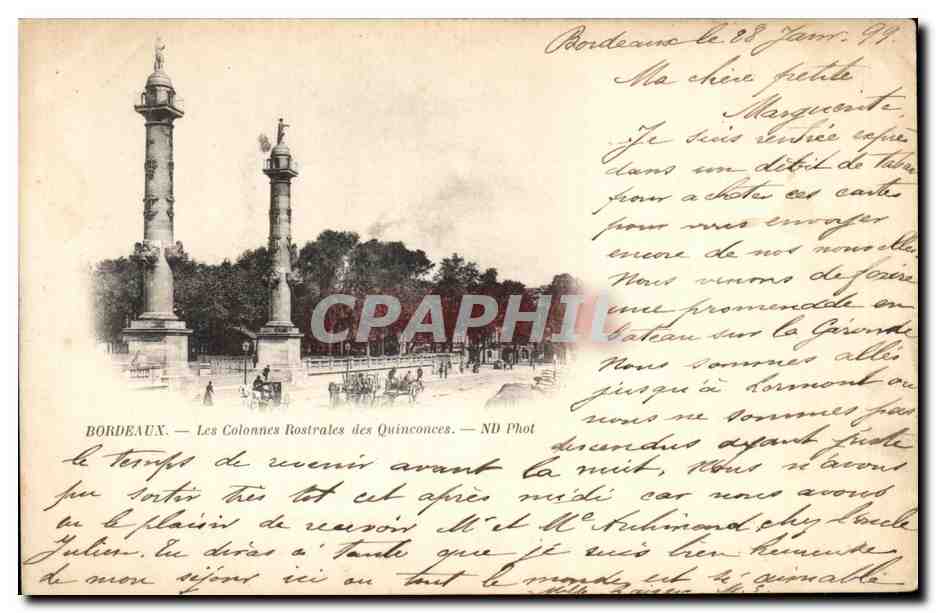 CPA Bordeaux Les Colonnes Rostrales des Quinconces carte 1899