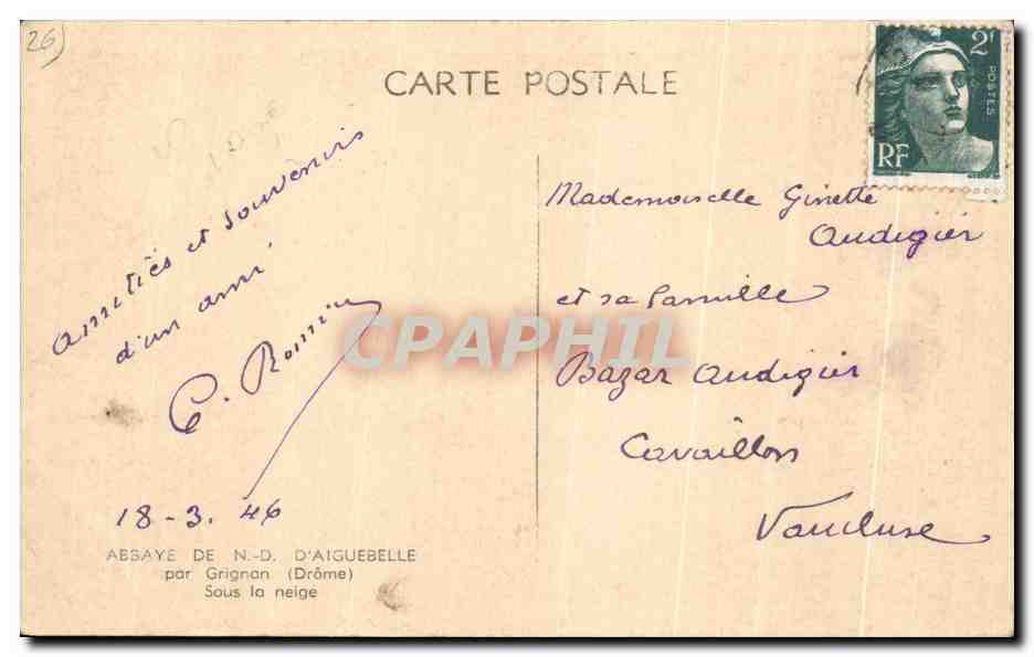 Absayé de N.-D. d'Aiguebelle — par Grignan (Drôme) — Sous la neige — Rückseite