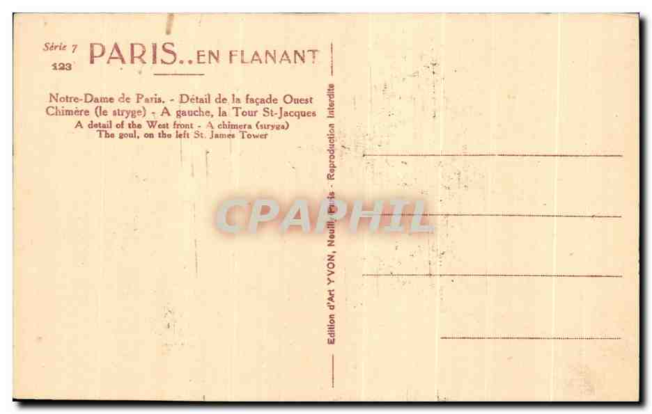 CPA Paris Notre Dame de Paris Chimere Stryge  — Rückseite