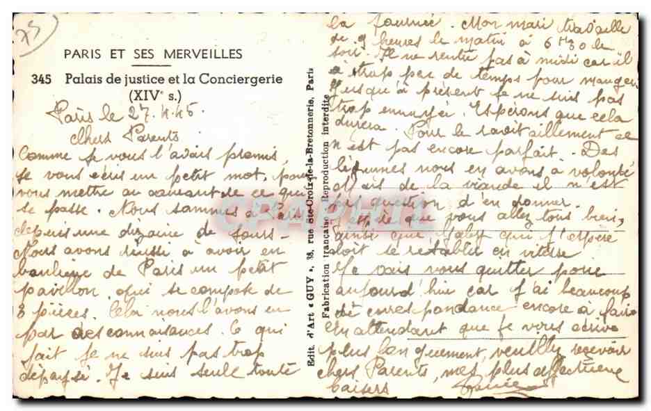 CPA Paris Palais de Justice et la Conciergerie — Rückseite