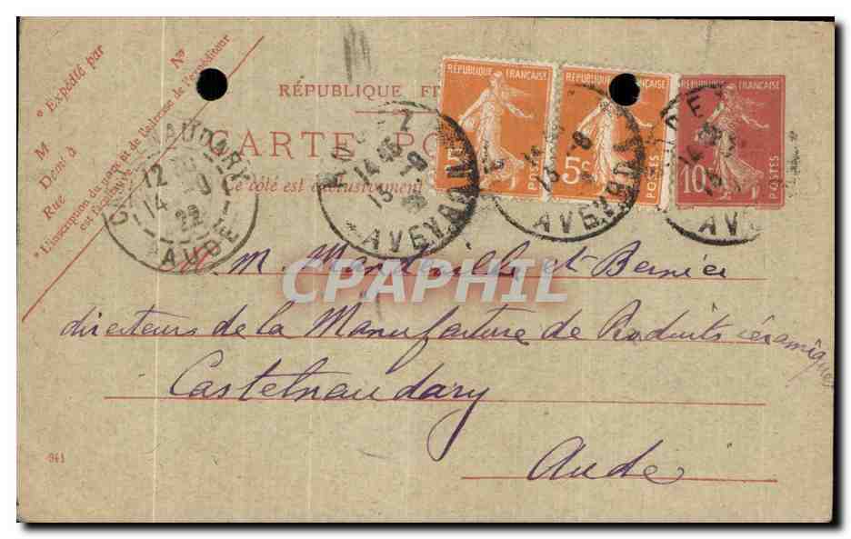 Carte 13 septembre 1922 Puechmayade par Rodez Aveyron Castelnaudary — Rückseite