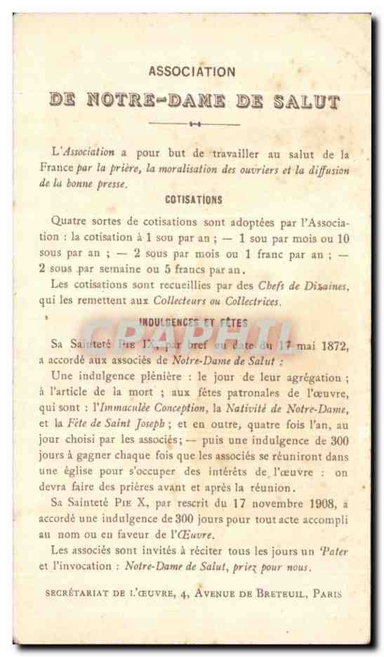 Image Notre Dame De Salut Salus nostra in tempore tribulationis Marie Lolcher 1919 Montpellier — Rückseite