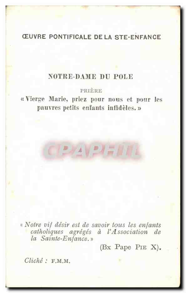 CPA Oeuvre Pontificale De La Sainte Enfance Notre Dame du Pole — Rückseite