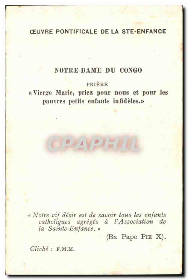 CPA Oeuvre Pontificale De La Sainte Enfance Notre Dame du Congo — Rückseite
