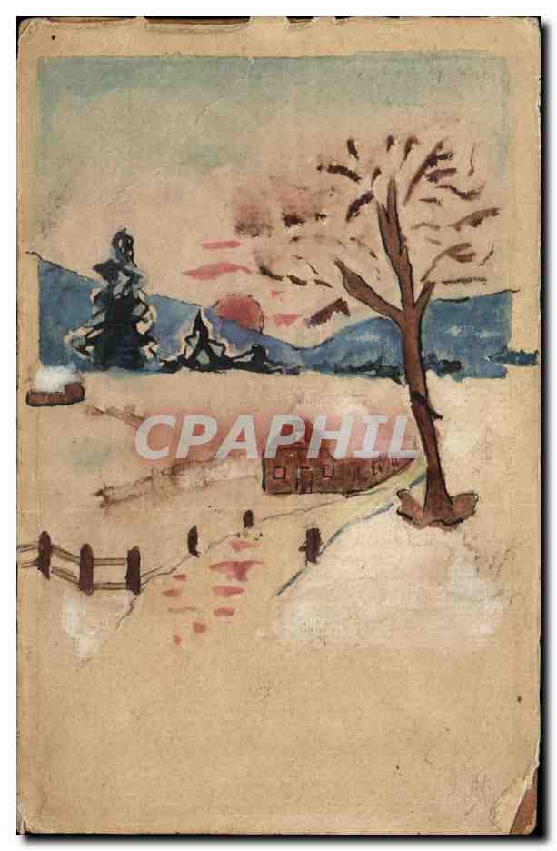 CPA Fantaisie Paysage sous la neige dessin a la main