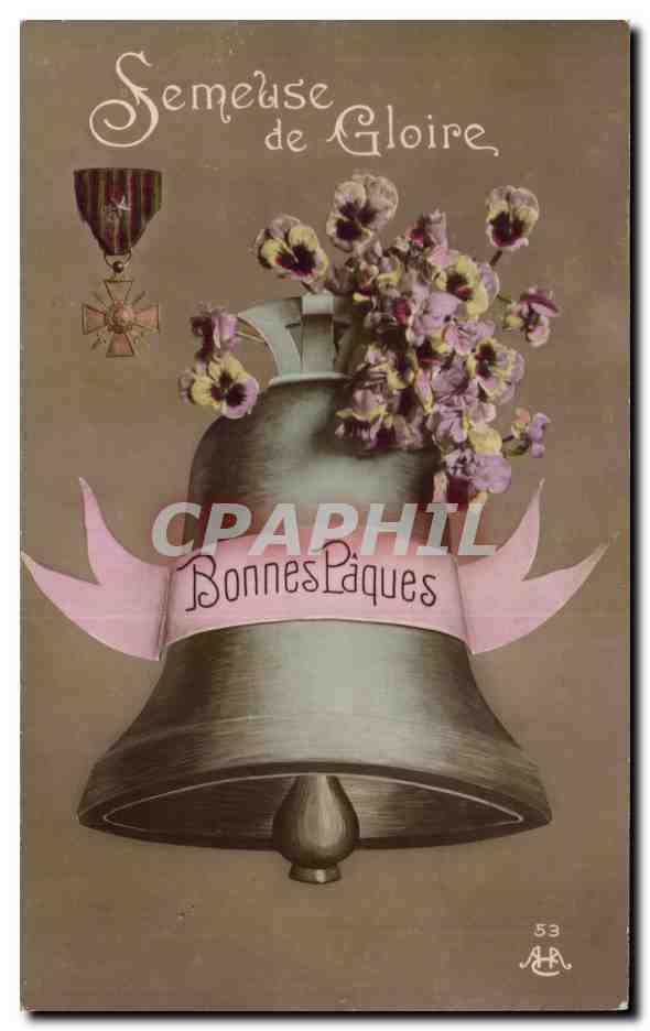 CPA Fantaisie Fleurs Cloche medaille militaire Paques Easter 