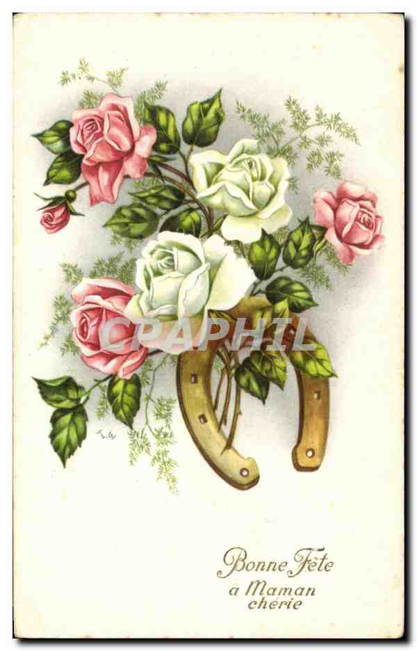 CPA Fantaisie Fleurs Bonne fete Maman cherie Fer a cheval