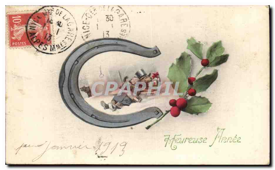 CPA Fantaisie Fleurs Fer a cheval chien Dog 