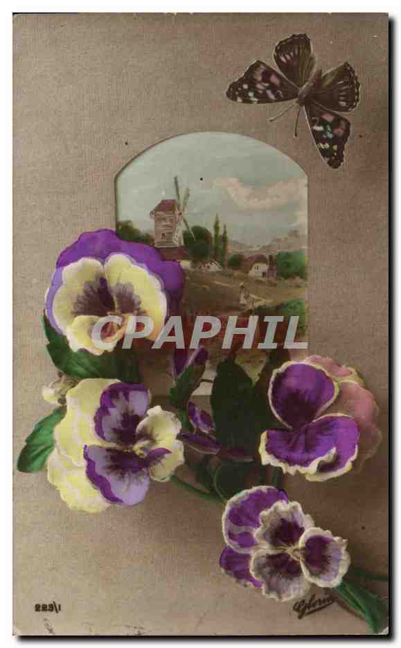 CPA Fantaisie Fleurs Butterfly Papillon Moulin windmill