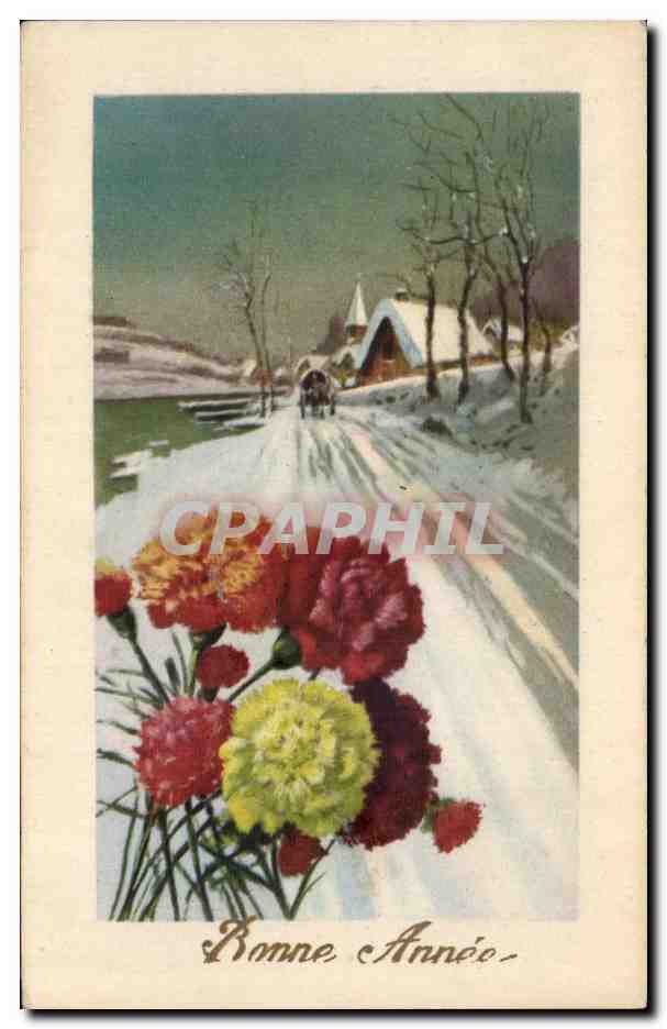 CPA Fantaisie Fleurs Bonne annee Neige 