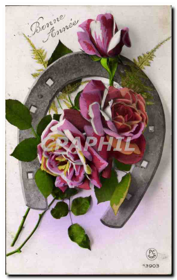 CPA Fantaisie Fleurs Roses Fere a cheval