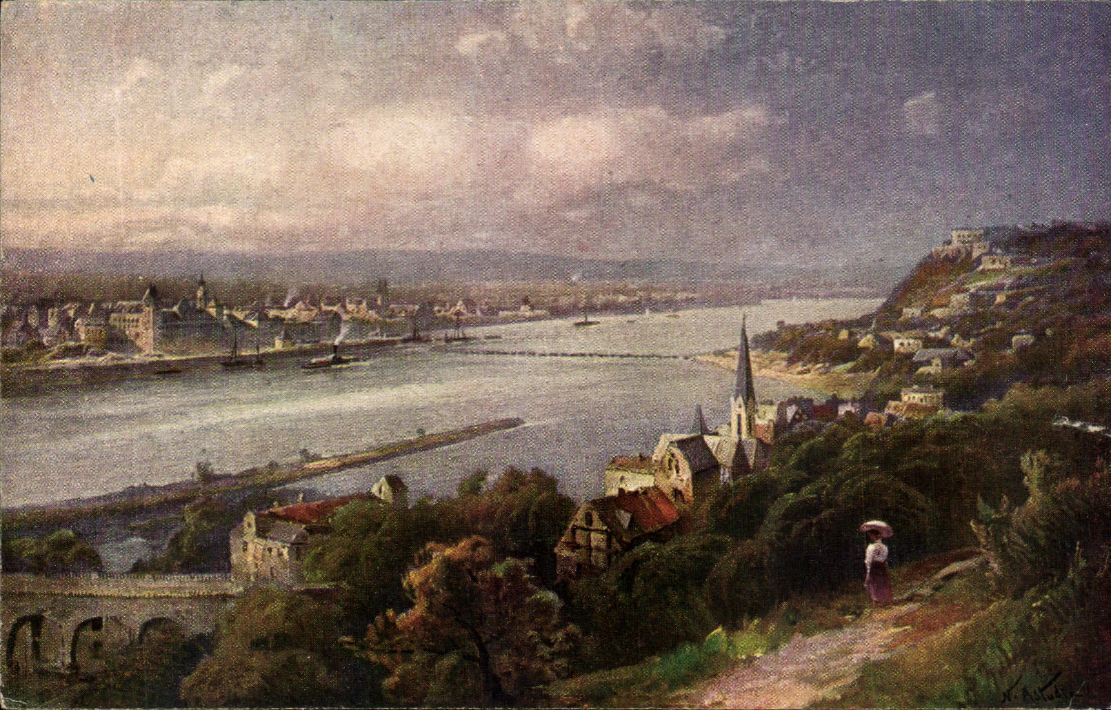 Koblenz — vue sur le Rhin et la Moselle — éditeur Artadin Karten & Bechthold-Köln, n° 120