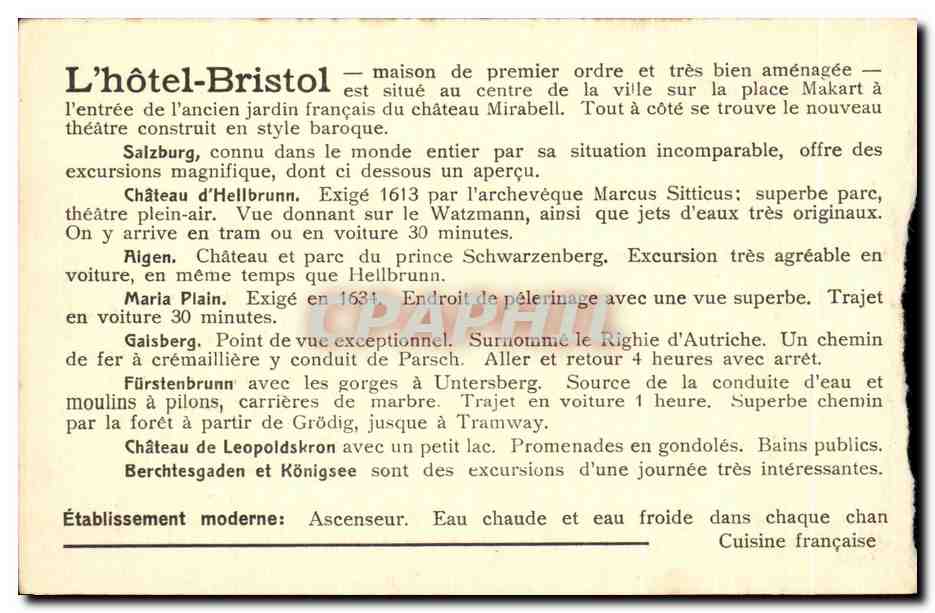 CPA Hotel Bristol Salsburg Autriche Automobile — Rückseite