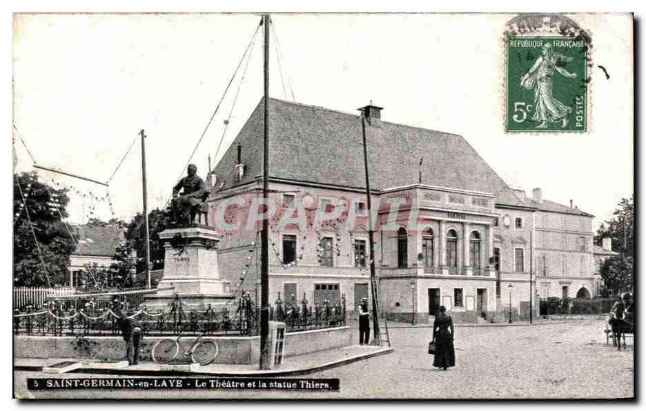 CPA Saint Germain en Lave Le Theatre et statue Thiers