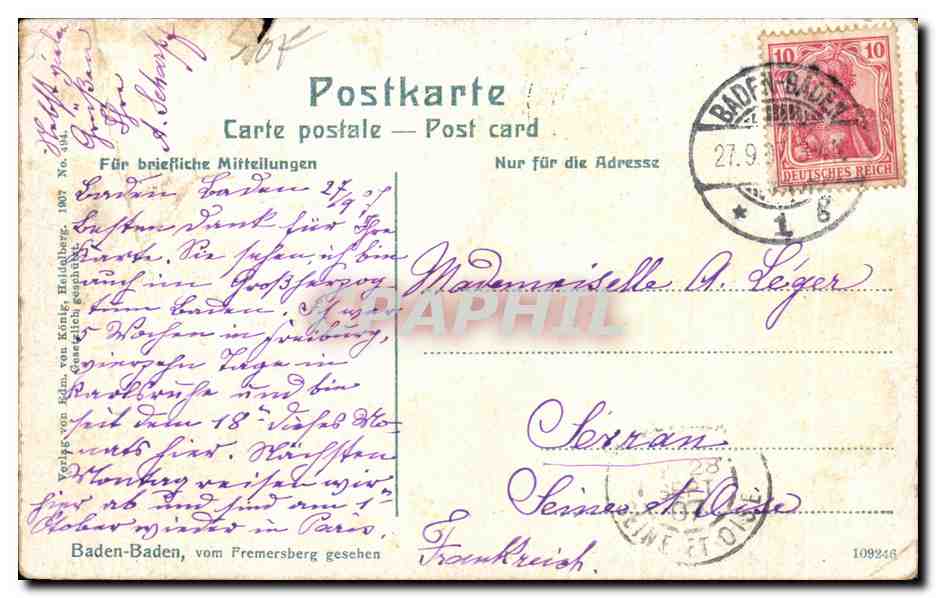 CPA Baden Baden vom Fremersberg gesehen — Rückseite