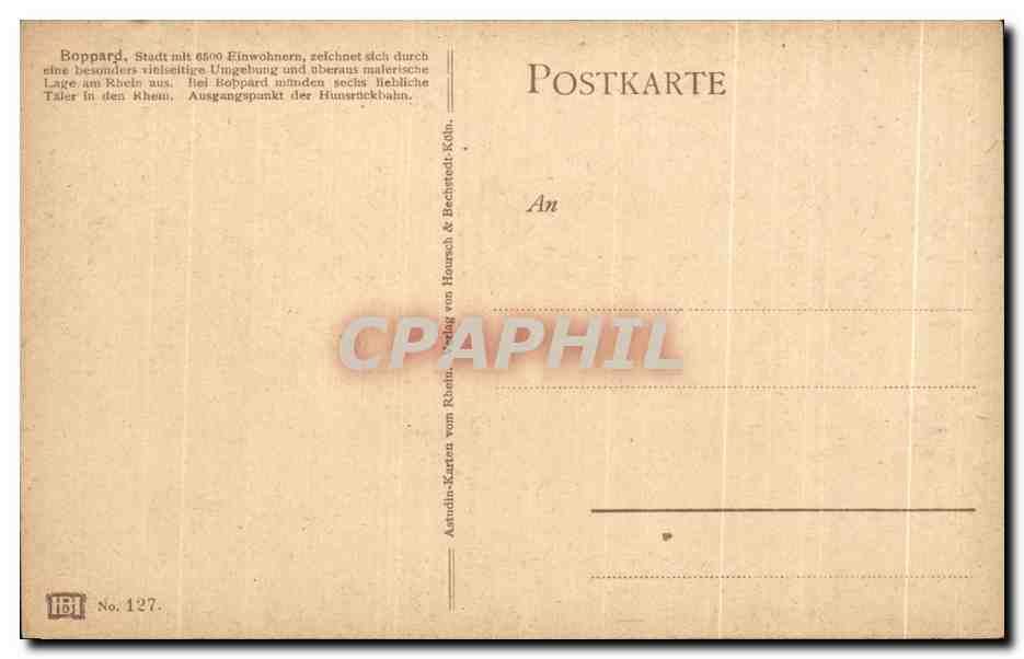 Boppard — vue du Rhin et du château — éditeur IBi, n° 127 — Verso