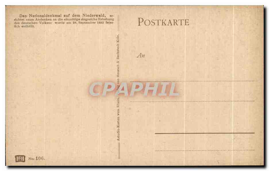 Monument national sur le Niederwald — éditeur H. R. & Bechstedt, n° 106 — Verso