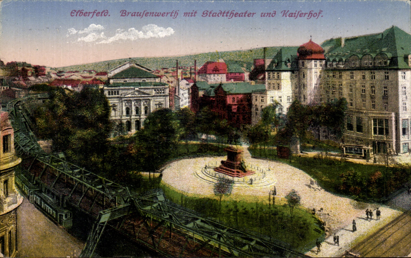 CPA Elberfeld Braufenwerth mit Stadttheater und Kaiferhof Train metro