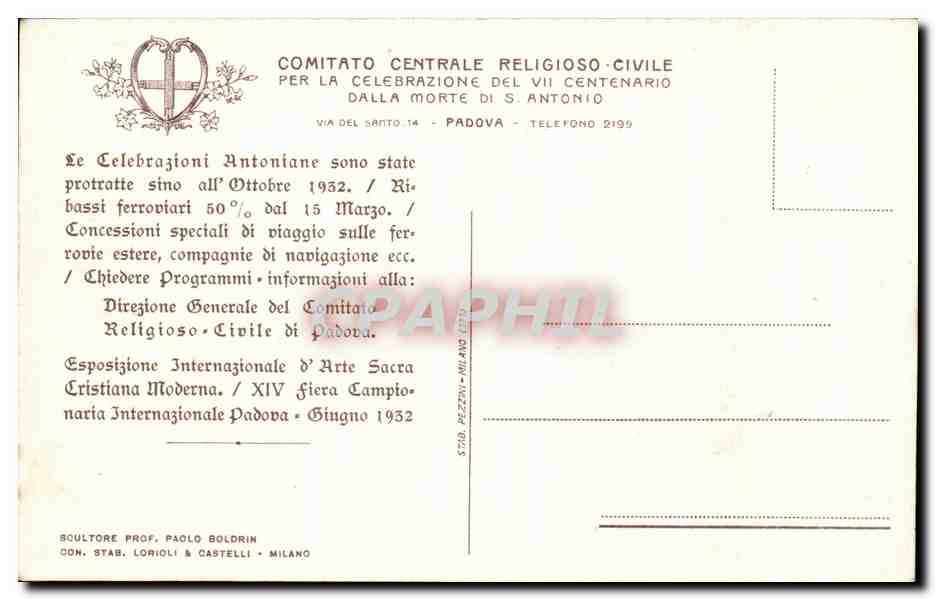 CPA Medaglia Commemorativa san Antonio  — Rückseite