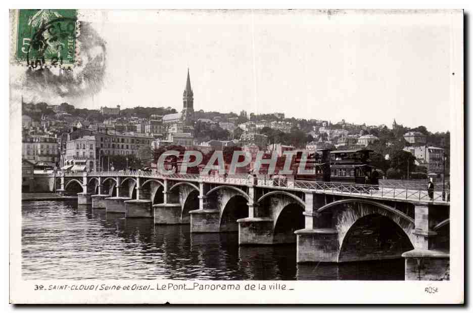 CPA Saint Cloud Le Pont Panorama de la Ville Bus