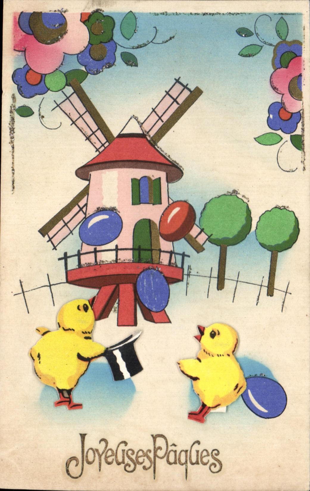 CPA Joyeuses Paques Easter Poussins Moulin Windmill
