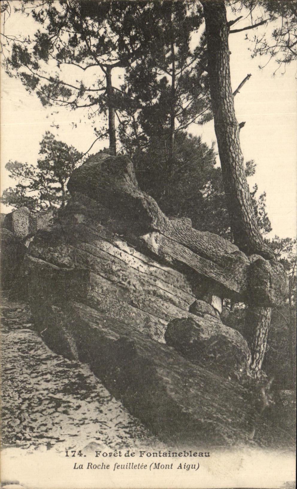 La Roche feuilletée (Mont Aigu) — Bosque de Fontainebleau — Editor no identificado, n° 174