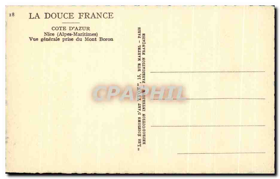 CPA La Douce France Cote D Azur Nice Vue generale prise du Mont Boron — Rückseite
