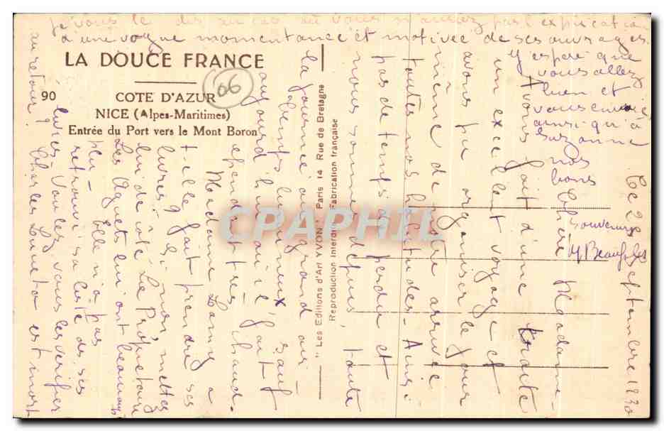 CPA La Douce france Cote D Azur Nice Entree du Port vers le Mont Boron — Verso