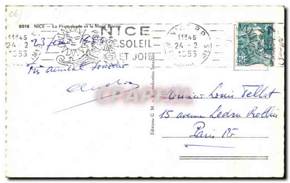 CPA Nice La Promenade et le Mont Borop — Verso