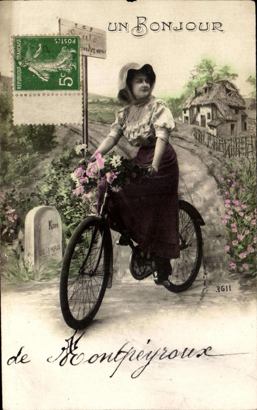 Donna in bicicletta — scena di campagna — editore Kin, n. 3611