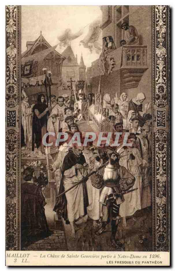 CPA Maillot la Chasse de sainte Genevieve Porte a notre Dame en 1496 Pantheon Paris 