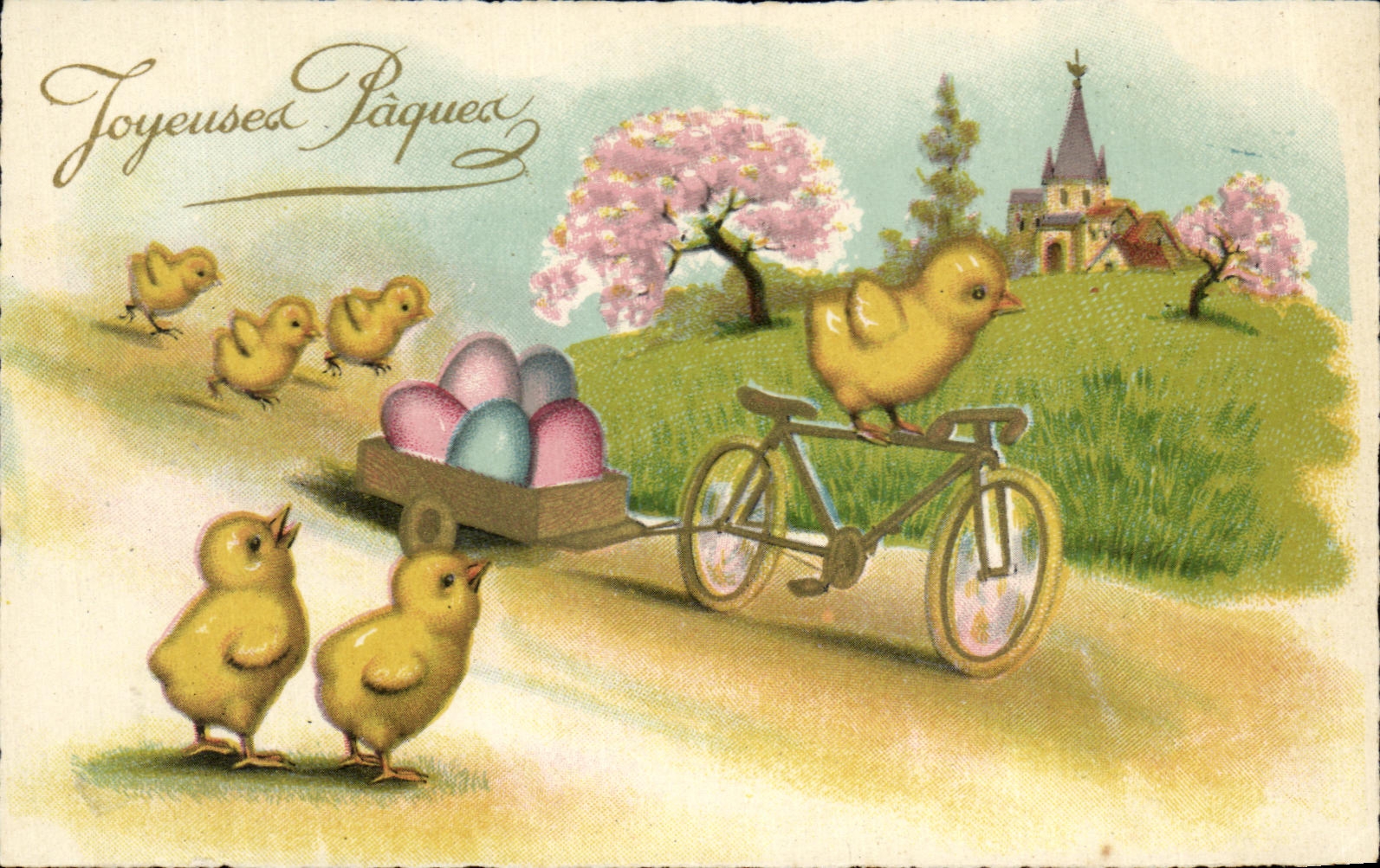 CPA Joyeuse Paques Poussin Velo Cycle Cycling Bike Easter 