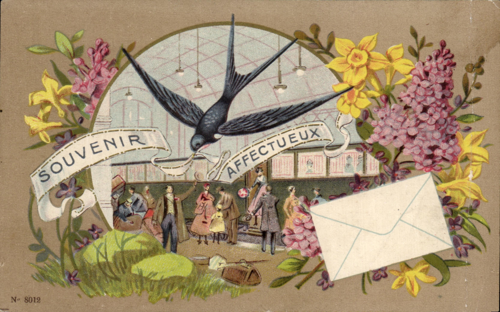 CPA Fantaisie Fleurs Souvenir Affectueux Hirondelle Train 