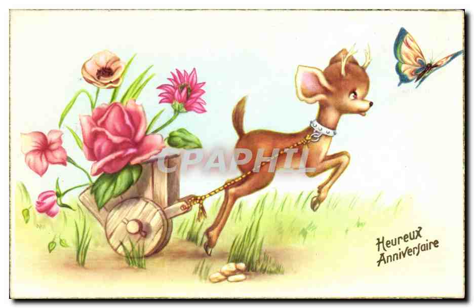 CPA Fantaisie Fleurs Biche Butterfly Papillon Anniversaire