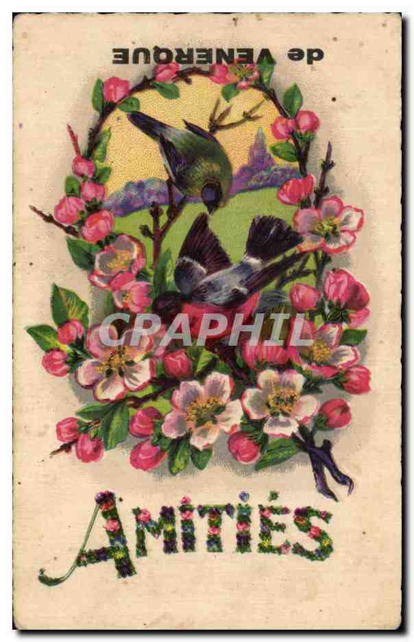CPA Fantaisie Fleurs Souvenir de Venerque Oiseaux