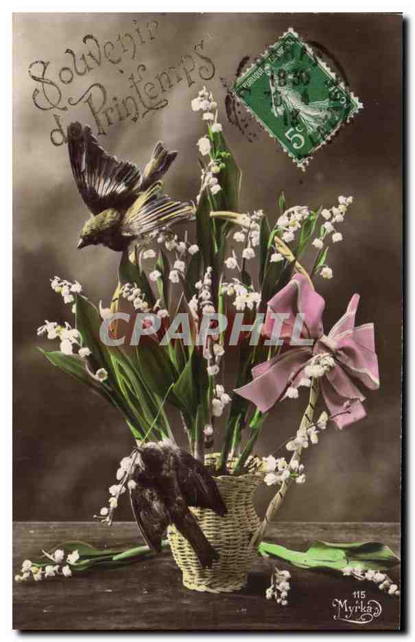CPA Fantaisie Fleurs Muguet Oiseaux