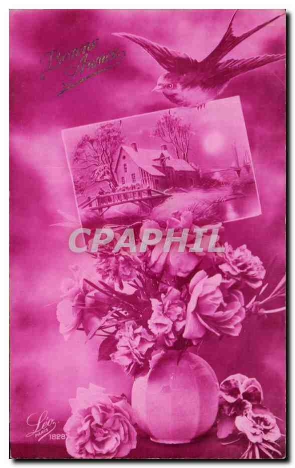 CPA Fantaisie Fleurs Hirondelle Oiseau