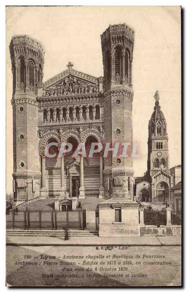 Lyon - Ancienne chapelle et Basilique de Fourvière — Architecte : Pierre Bossan — Style composite, à la fois byzantin et sicilien — B.F. 'Lue' n°180