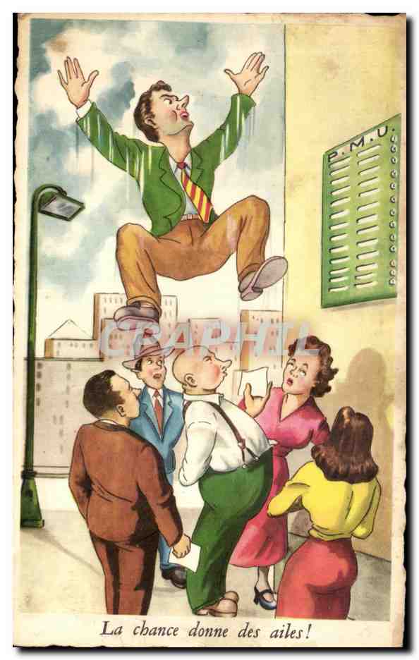 Un homme en costume vert s'envolant au-dessus d'une foule — La chance donne des ailes ! — Série N° 180, M.D. Paris