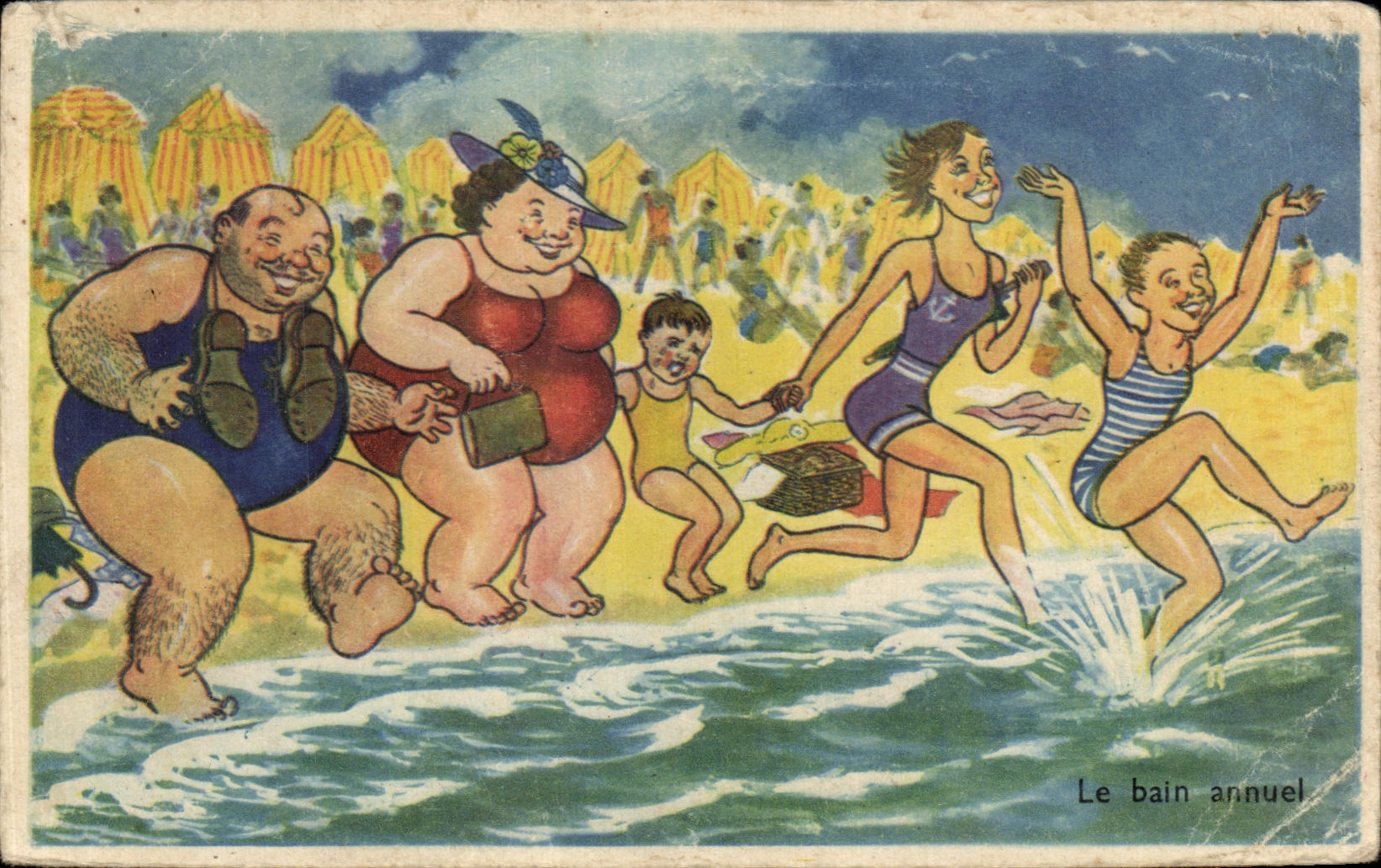 CPA Humour le bain annuel A la plage Femme forte