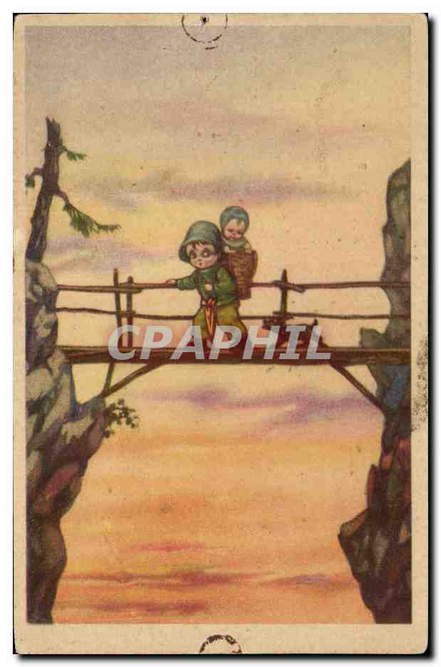 CPA Humour Enfants sur une passerelle