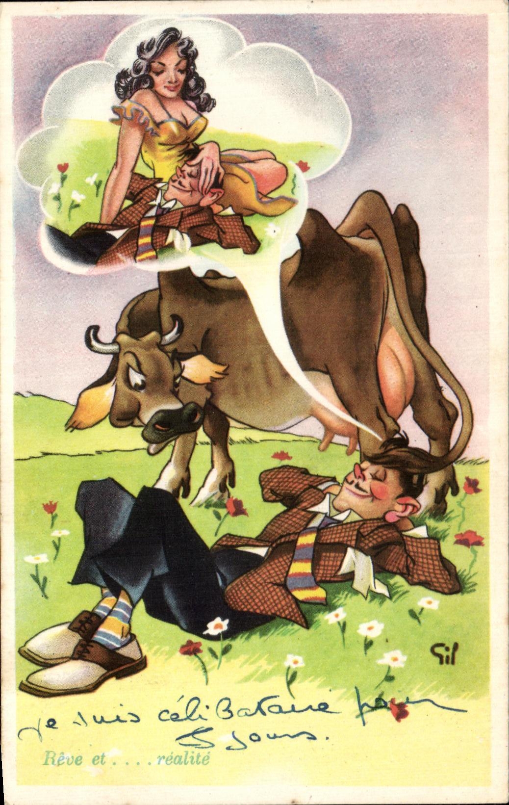 CPA Humour Femme et vache