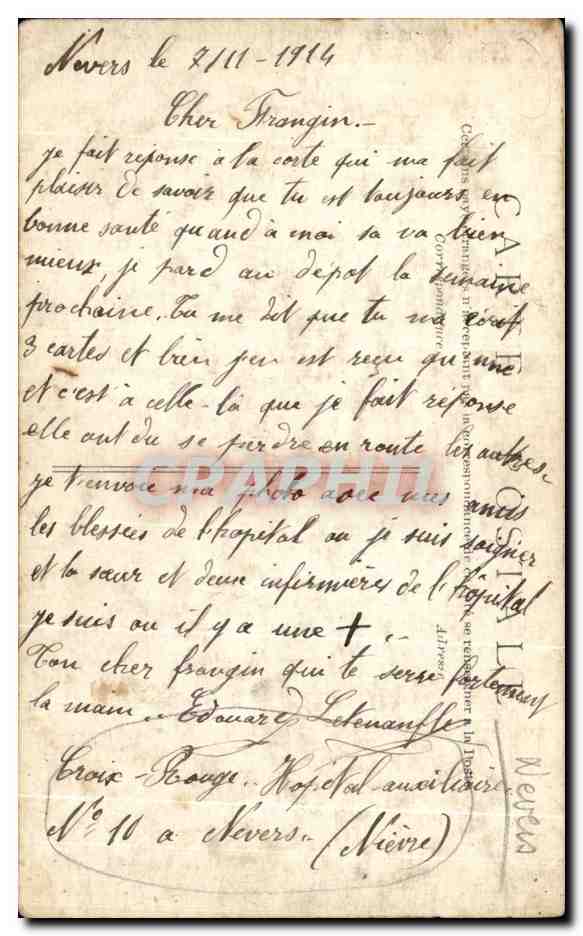 Nœvers — groep soldaten en verpleegsters — gedateerd 7.11.1914 — Achterkant