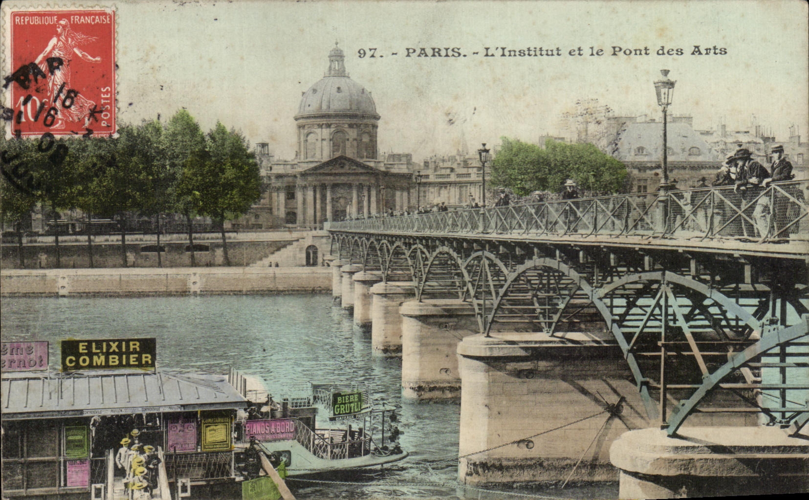 CPA Paris L Institut et le Pont des Arts Peniche Elixir Combier Publicite