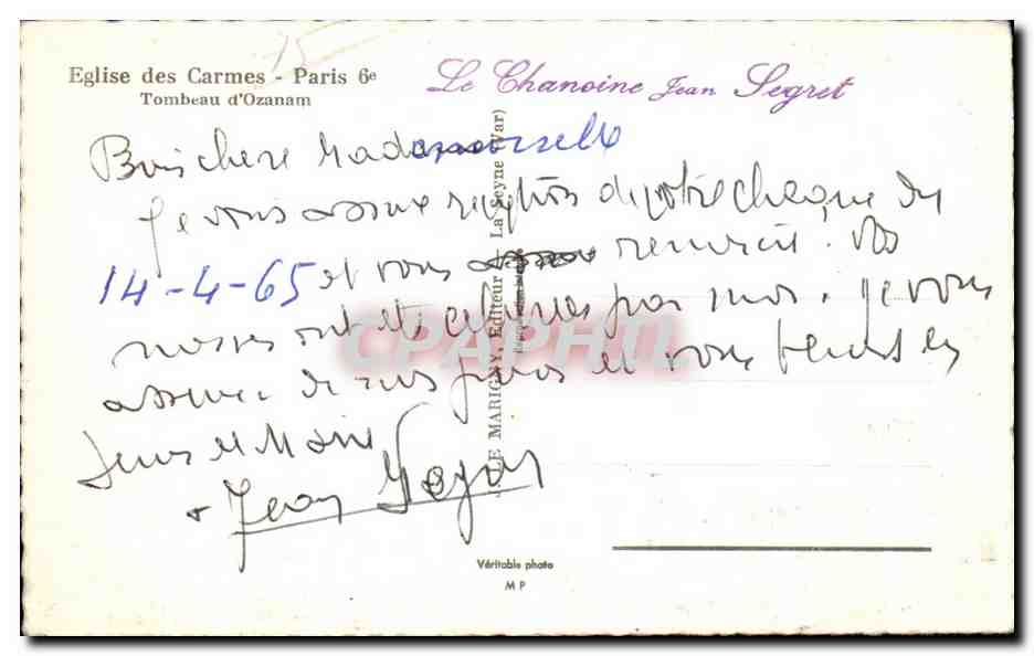 CPA Eglise des Carmes Paris Tombeau d Ozanam — Rückseite