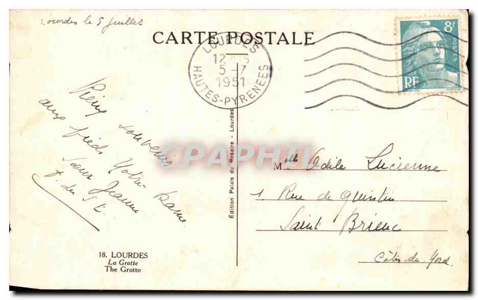 CPA Lourdes La Grotte The Grotto — Verso