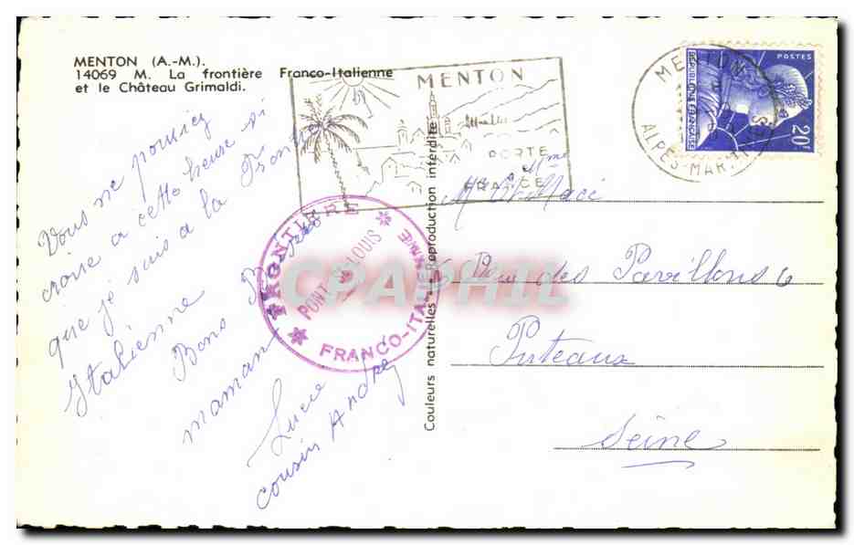 CPA Menton La Frontiere Franco italienne et le chateau Grimaldi — Rückseite